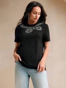 Anewsta 女士圆领短袖水钻装饰简约 T 恤，休闲日常穿着