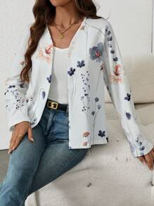 Chiquease Áo khoác nữ tay dài hở trước họa tiết hoa thường ngày đa năng - trắng - Xem 4