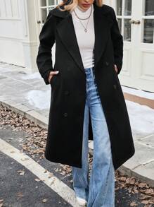 Chiquease Áo khoác len dài màu đen cổ khoét cho nữ - màu đen - Xem 5