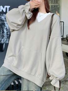 FRIFUL Women's Casual Solid Color Flared Sleeve Oversized Hoodie,Ruffle,Fall Clothes Sweatshirt - Grey - View 5