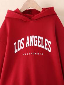 SHEIN Leap Crew 2pcs Tween Girl Loose Casual Simple Cozy Hoodie And Drawstring Pants Set - Burgundy - View 4