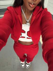 SHEIN 2 件套休闲纯色连帽短款上衣和运动裤套装