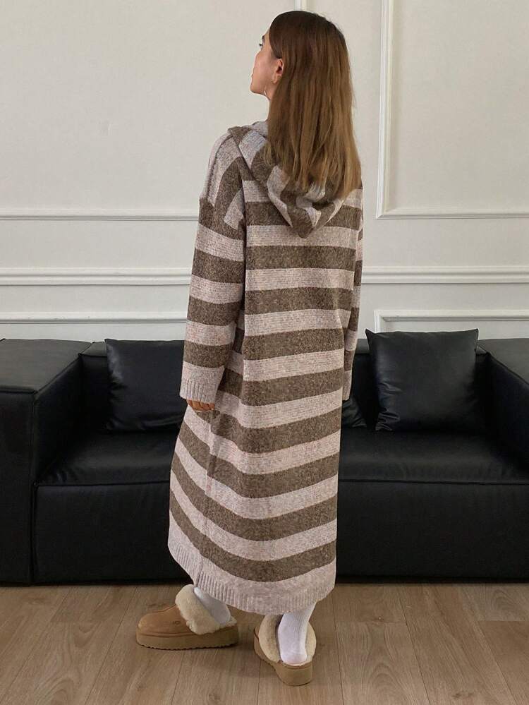 Striped Loose Long Floral Chiffon Hooded Cardigan For Women,Fall Women Clothes