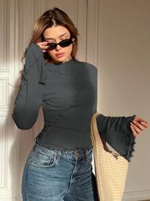 SHEIN Essnce 大码女式打底衫、长袖上衣、约会装秋季女装秋季女装上衣、冬季女装、秋季衬衫秋季上衣长袖女士、教师 T 恤修身 T 恤长袖女式上衣、长袖衬衫 - 深灰色 - 查看 4