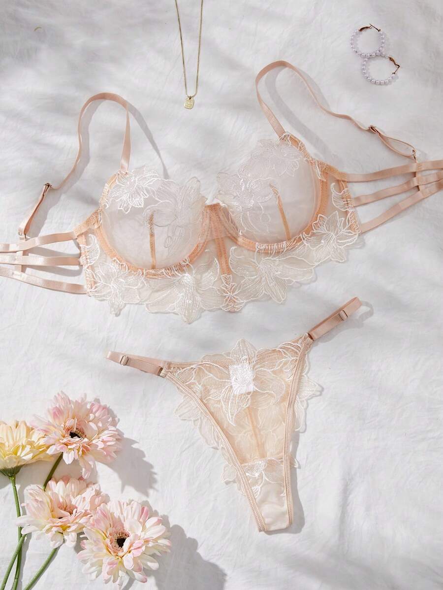 SHEIN 2pcs Skin-Toned Sexy Women Lingerie Set - Beige - View 1