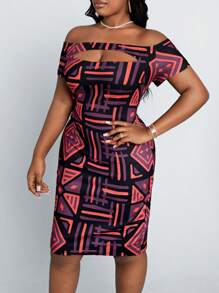 SHEIN Lady 夏季大碼露肩全印花空心連衣裙 - 彩色 - 查看 3