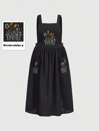 Fairycore Vestido de peto con bordado floral talla grande, escolar