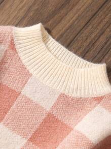 2 buc/Set Pulover din tricot în carouri pentru fetiță + Set pantaloni cu picioare largi, ținută de tricotaj casual la modă pentru toamnă și iarnă - Caisă - Vizualizare 3