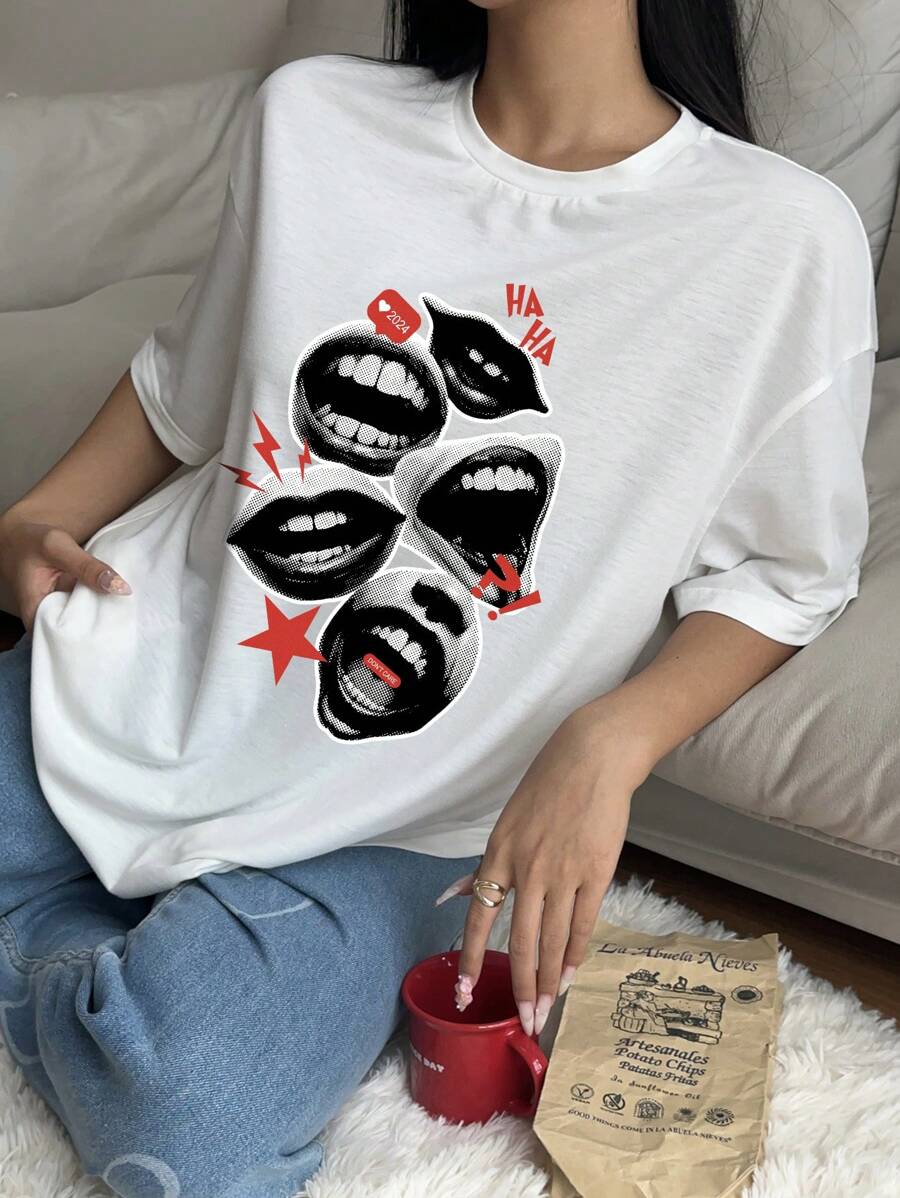 STROM NIGHT Áo thun tay ngắn cổ tròn họa tiết đôi môi, miệng, ngôi sao, biểu tượng, hip hop, punk, y2k, phong cách đường phố dành cho nữ - trắng - Xem 1