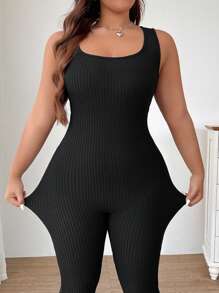 SHEIN EZwear Plus Size Women's Summer Solid Color Square Neck Jumpsuit - Black - View 1