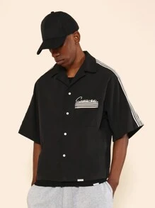 SUMWON Boxy Fit Revere Collar Nylon Shirt With Letter & Number Graphic Print - Black - View 2