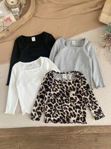 SHEIN Leap Crew 4pcs Knitted Solid & Leopard Print Long Sleeve Casual Set For Baby Girls - Black - View 4