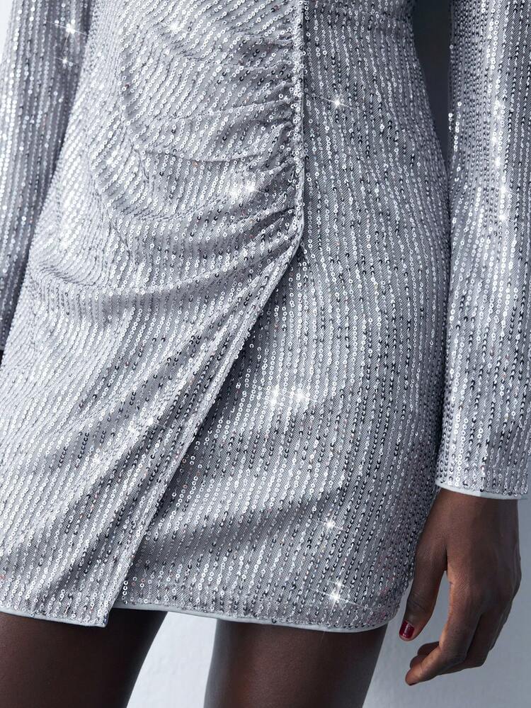 SHEIN Maija Women's Spring Autumn Silver V-Neck Long Sleeve Ruched Sequin Party Mini Dress