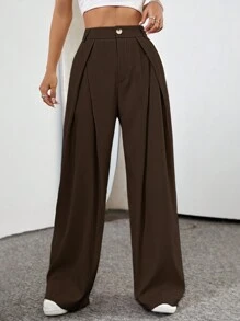 Flirla Casual Solid Color Wide Leg Pants - Coffee Brown - View 6