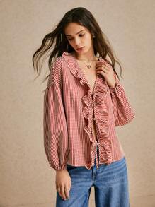 Poéselle 24款新款荷叶边系带上衣、条纹长袖衬衫、休闲女式上衣、秋季女式上衣、红色女式上衣、万圣节女式衬衫 - 紅色 - 查看 7