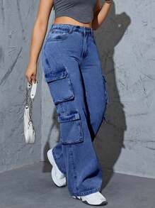 Plus Size Women's Y2K Street Style Multi-Pocket Cargo Straight Leg Jeans Casual Spring - Dark Wash - View 1