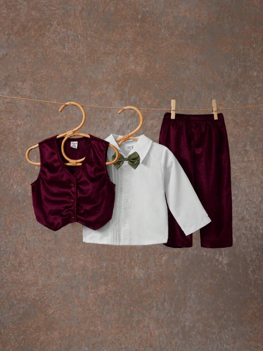 SHEIN 3pcs Baby Boy Burgundy Gentleman Vest, Long Sleeve Shirt And Pants Set - Burgundy - View 1