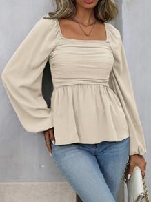 EMERY ROSE 女士春秋纯色方领灯笼袖褶皱荷叶边下摆衬衫荷叶边上衣 - 杏色 - 查看 5