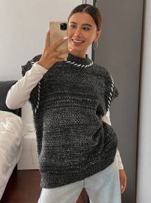 DAZY Chaleco de punto holgado de cuello redondo sin mangas con rayas de colores contrastantes para mujer, otoño e invierno - Gris - Ver 5