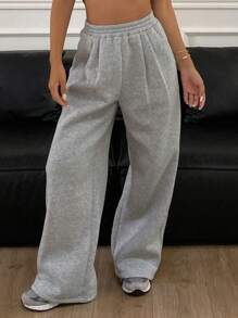 DAZY Quần ống rộng lót nhiệt màu trơn dáng rộng có cạp chun cho nữ - Xám - Xem 10