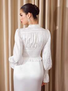 Vintamour Blusa elegante y vintage de estilo cortesano, ajustada con pliegues, lazo y mangas farol, blanca, disfraz de princesa para mujer en Acción de Gracias, blusas de mujer de manga larga para Navidad, blusa de manga larga para concierto, blusa blanca de manga larga para Año Nuevo, camisa de manga larga Medusa para invierno - Blanco - Ver 2