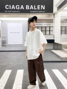 Loose Fit Casual Teen Trousers With Zipper Pockets, For Spring And Autumn - Brown - View 3