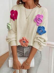 Chiquease 时尚3D立体花卉装饰圆领宽松毛衣，返校季百搭女士针织套头衫，秋冬季 - 米色 - 查看 3