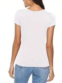 INAWLY Women's Solid V-Neck Short Sleeve Simple T-Shirt, Casual Daily Wear