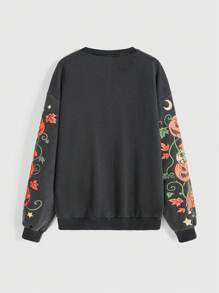 ROMWE Hippie 女式休闲可爱南瓜印花水洗宽松连帽衫 - 黑色 - 查看 2