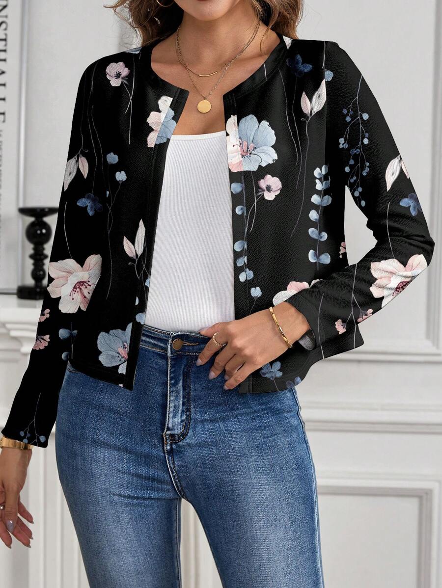 SHEIN Clasi Chaqueta ligera con cuello redondo de manga larga y estampado floral elegante casual para mujer, adecuada para otoño e invierno - Negro - Ver 1