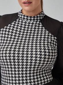 SHEIN Clasi Blusa elegante con cuello alto de pata de gallo en patchwork, talla grande, para mujer, estilo negocios casual de otoño e invierno