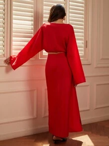Aveloria Modichic Women's  Embroidery Color Block Design Puff Sleeve Blouse And Drawstring Hem Long Skirt Set, Autumn