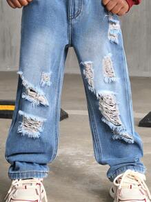 SHEIN Explorewe Young Boy Simple Distressed Washed Straight Leg Jeans - Medium Wash - View 6
