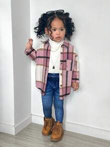 SHEIN Leap Crew 3pcs Baby Girl Adorable Plaid Shirt, Knit Sweater And Pants Set, Autumn/Winter - Pink - View 7