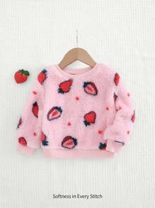 Cozy Pixies 草莓图案圆领长袖套头衫，休闲百搭厚款保暖内衬，适合女婴 - 粉色 - 查看 1