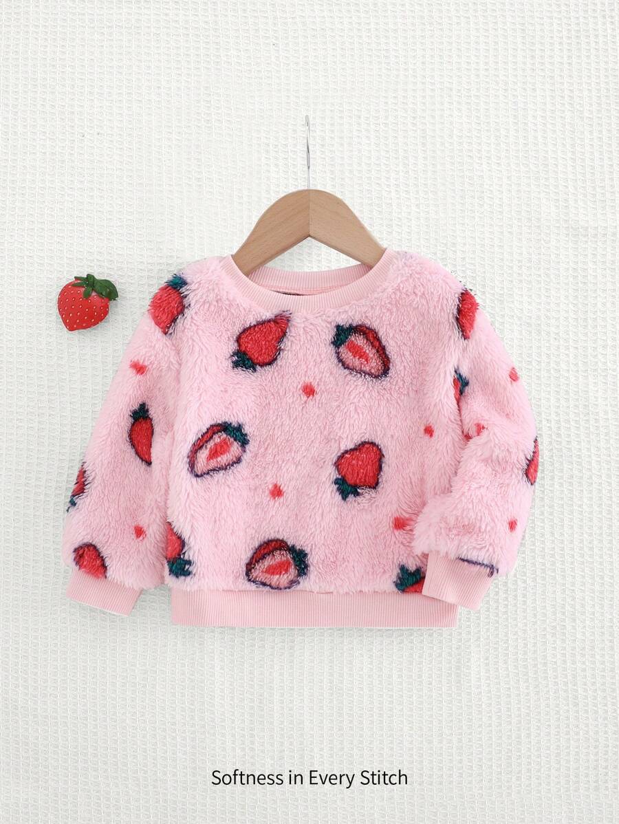 Cozy Pixies 草莓图案圆领长袖套头衫，休闲百搭厚款保暖内衬，适合女婴 - 粉色 - 查看 1