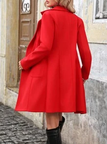 SHEIN Mantel Wanita Panjang Sedang, Campuran Wol, Warna Polos, Kerah Berlekuk, Kancing Ganda, Lengan Panjang - Merah - View 2