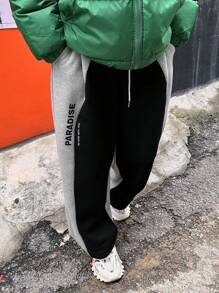 DAZY Men's Letter Print Patchwork Fleece Sweatpants, Autumn Men Joggers,Winter