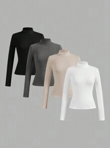 SHEIN 4 件 Tween 女童休闲纯色立领长袖修身 T 恤 - 彩色 - 查看 1