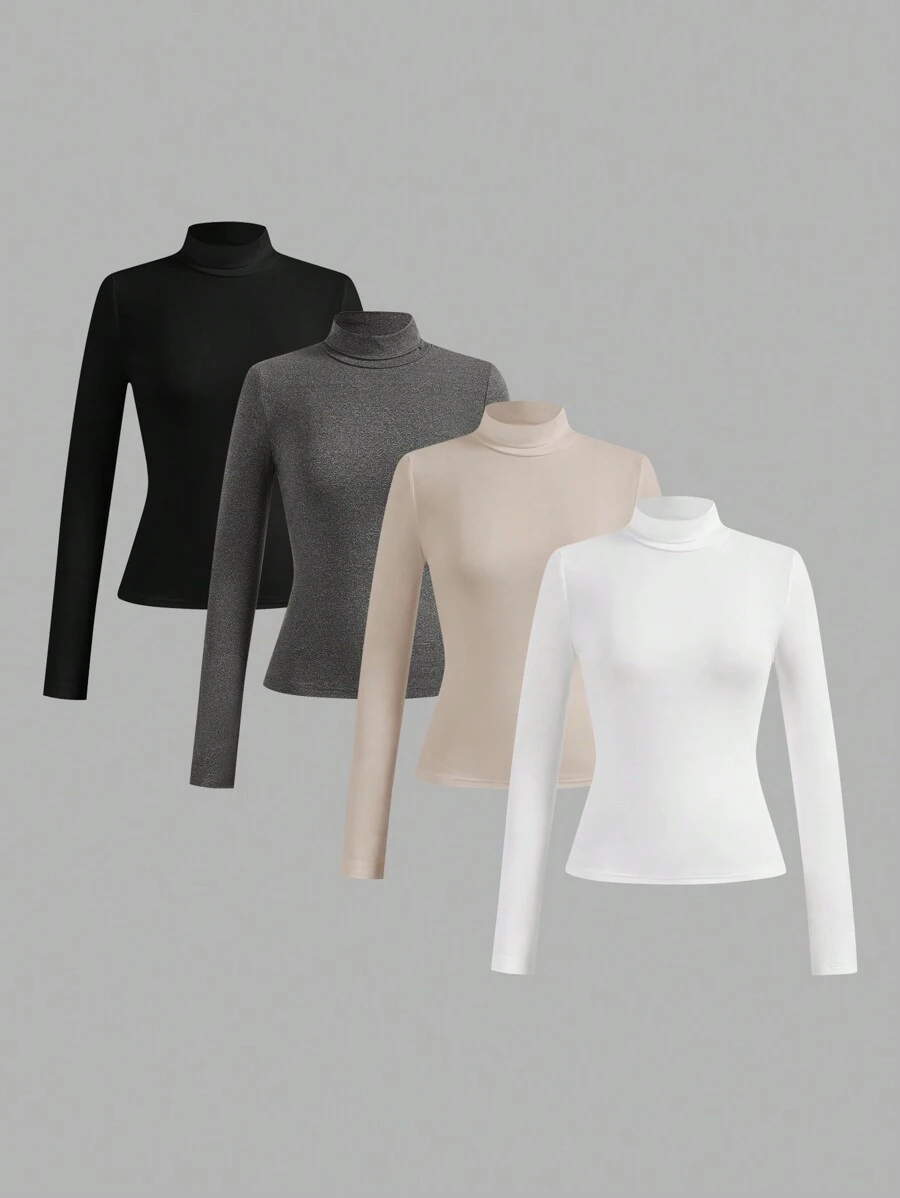 SHEIN 4 件 Tween 女童休闲纯色立领长袖修身 T 恤 - 彩色 - 查看 1