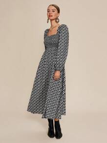 Almamuse 女士优雅几何印花连衣裙，秋季 - 黑色 - 查看 3