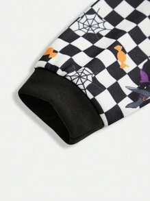 SHEIN Tween Tween Girl Black Short Spliced ​​Loose Knitted Hooded Sweatshirt For Girls, Comfortable And Warm Spliced ​​Halloween Digital Print With Colorful English Letters Outdoor Fashion Sports Top Pumpkin Candy Cat Black And White Plaid Digital Print Outdoor Fashion Sports Campus Street Outdoor Festival Sweatshirt Top Long-Sleeved Hooded - Black - View 4