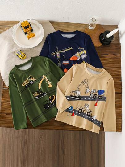 Niño pequeño 3 piezas Camisetas de cuello redondo de manga larga con estampado divertido de excavadora, multicolor elegante para otoño/invierno