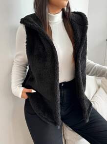 Solflare Plus Size Plush Hooded Zipper Sleeveless Vest, Black, Autumn/Winter Fall