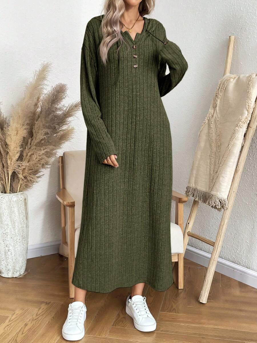 SHEIN LUNE Women's Solid Color Drop Shoulder Long Sleeve Button Hoodie Long Casual Dress, Spring/Fall - Army Green - View 1