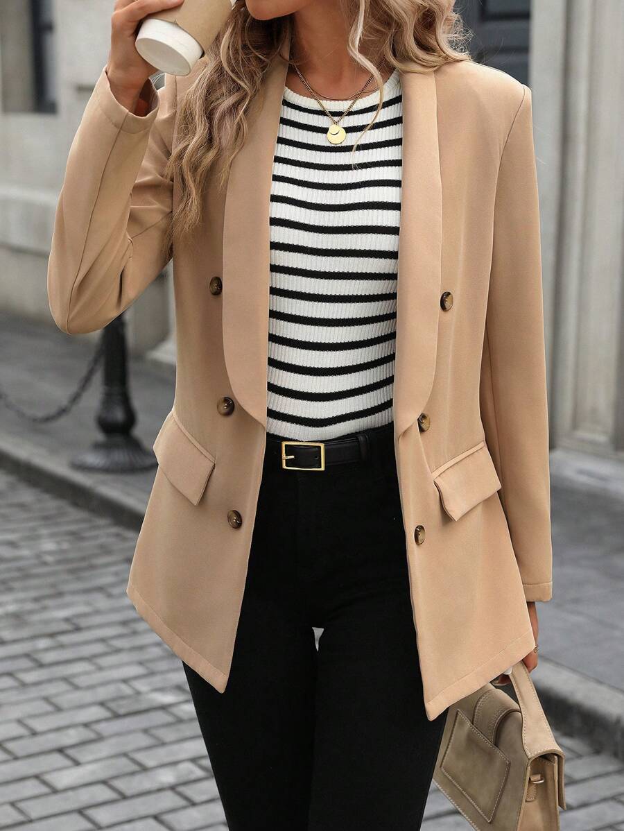 SHEIN LUNE Blazer Wanita Kerah Syal Kancing Ganda Musim Gugur/Dingin - Khaki - View 1