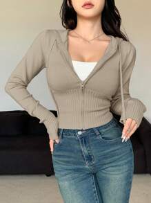 DAZY 女式纯色修身连帽拉链开衫，秋季女装夹克 - 卡其色 - 查看 3