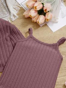 2pcs Baby Girl Casual Knitted Pink Suspender Jumpsuit And Cardigan Set - Dusty Pink - View 4