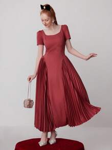 SHEIN Belle 女士素色簡約日常短袖晚禮服（厚款） - 紅色 - 查看 7