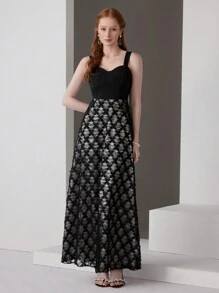 SHEIN Belle Robe de soirée pour femmes avec bretelles spaghetti et dentelle - Noir - Voir 1
